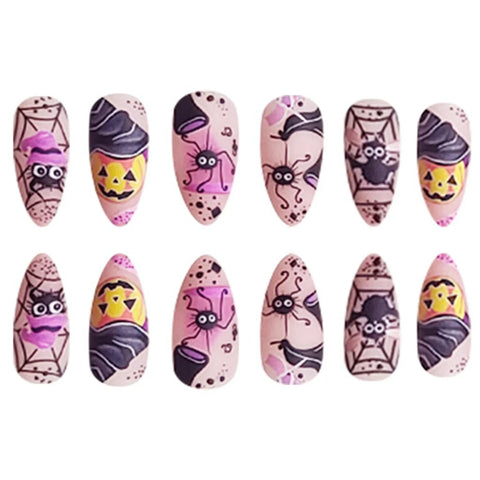 24pcs Wearable Almond False Nail Patches Halloween Theme Press On Nails With Dancing Spider Bat Pumpkin Designed DIY Manicure