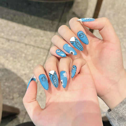 10pcs Handmade Blue Almond Fake Nail Tips Hand-painted Canvas Shoes Designs Press On Nails French Style Creative False Nails