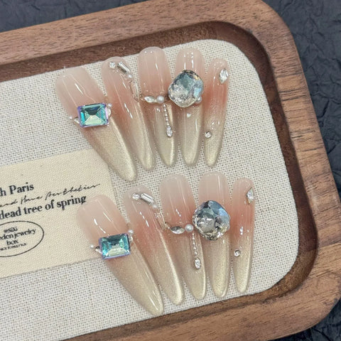 10pcs Long Ballet Press On Nails Glitter Champagne Gold French Blush Cat's Eye Handmade Fake Nails Flash Diamond False Nail Tips