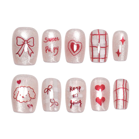 10pcs Kawaii Dog Handmade Fake Nails Clitter Cat's Eye Red Bowknots Love Heart Pattern Press On Nails Cute Charming False Nail