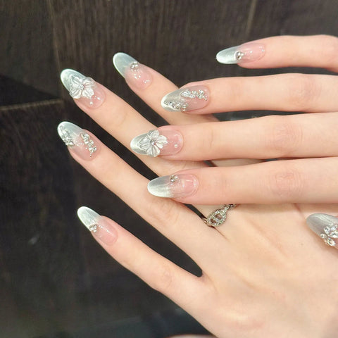 10pcs Hand-carved 3D Ice Flower Press On Nails Light Blue French Style Cat Eye Handmade False Nail Ins Charm Wearable Fake Nail