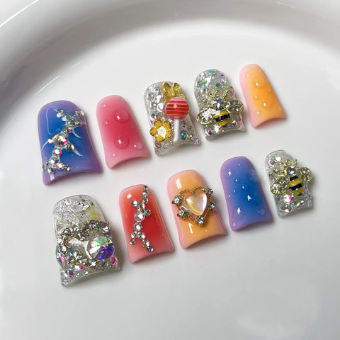 10pcs Fantasy Lollipop Wearable Fake Nails Gradient Pink French Style Y2k Star Diamond Press On Nails Sweet Duckbill False Nail