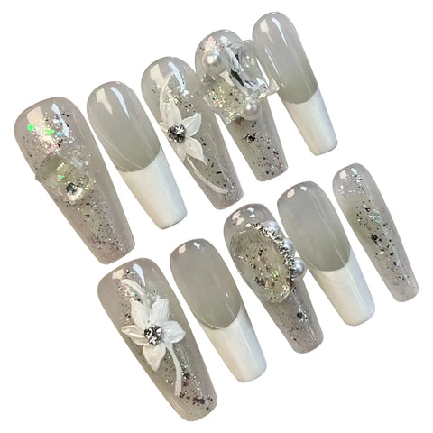 10pcs White French Press On Nails Flash Transparent Fake Nail Patchs With Glossy Diamond Designs Hand Painted Flower False Nails