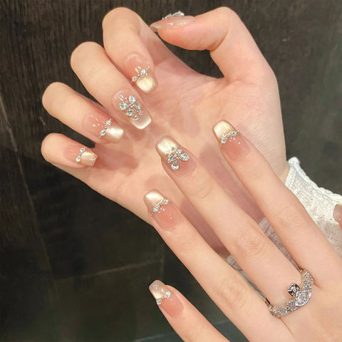 10pcs Flash Cat Eyes Press on Nails with Rhinestone Long Lasting Safe Waterproof False Nails for Shopping Traveling Dating