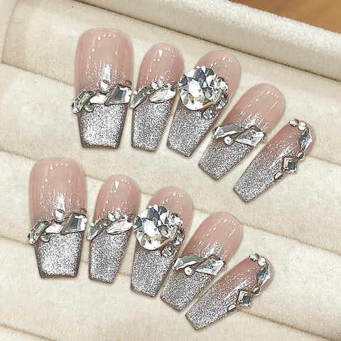 10pcs Handmade Press On Nails Flash Cat's Eye Nude Color Fake Nail Patches French Style Glossy Rhinestone Decor Fake Nail Tips