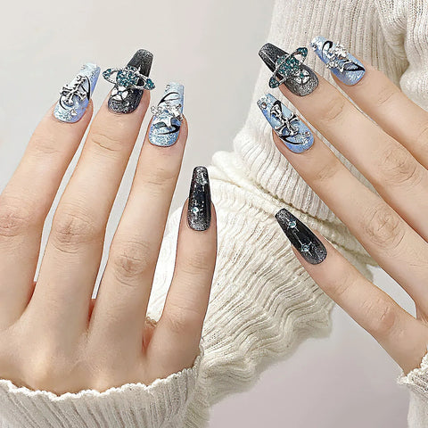 10pcs Y2k Style Press On Nails Handmade Flash Blue False Nail Patches With Glossy Diamond Cross Designs Detachable Fake Nails