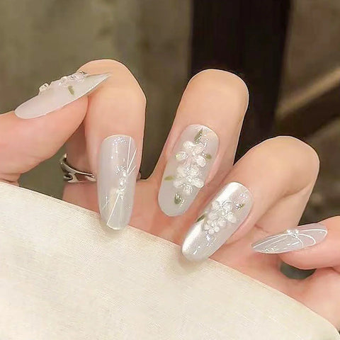 10pcs Glossy Cat's Eye Press On Nails Handmade White Almond False Nails 3D Flower Leaf Designs Fake Nail Patches For Women