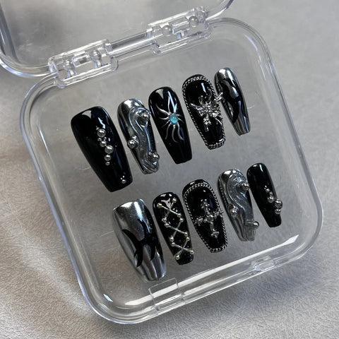 10pcs Punk Style Handmade Fake Nails Y2k Black Sliver Metal Chain Decors Press On Nails Medium Coffin Detachable Manicure Art