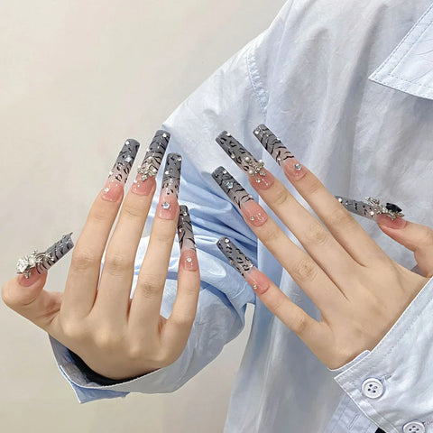 10pcs Long Coffin Press On Nails Handmad Dark Blue False Nail Patches Metal Diamond Star Designs Wearable French Style Fake Nail