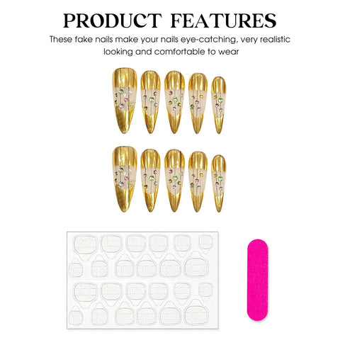 10pcs Handmade Gold False Nails Light Luxuru Press On Nails With Flash Diamond Designs Detachable Long Almond Fake Nail Patches