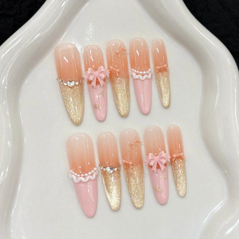 10pcs Shimmry Gold Cat's Eye Press On Nails Peach Pink French Pearl Skirt Hem Bowknots Handmade False Nail Long Almond Fake Nail