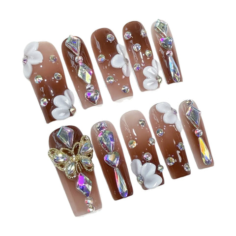 10pcs Glossy Coffin Handmade Press On Nails Gradient Brown White Flower Flash Butterfly Diamond False Nail Luxury Fake Nails