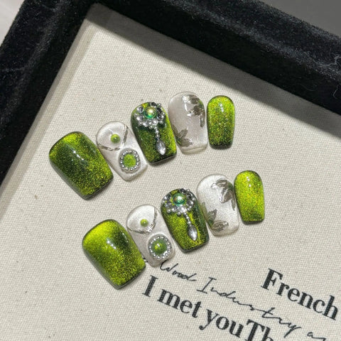 10pcs Handmade Press On Nails Green Cat's Eye Summer Fresh Fake Nail Tips Shiny Diamond Decor Light Luxury False Nail For Girls