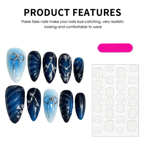 10pcs Handmade Press On Nails Blush Gradient Blue 3D Water Ripple Bowknots Decor Y2k Style False Nails Wearable Almond Manicure