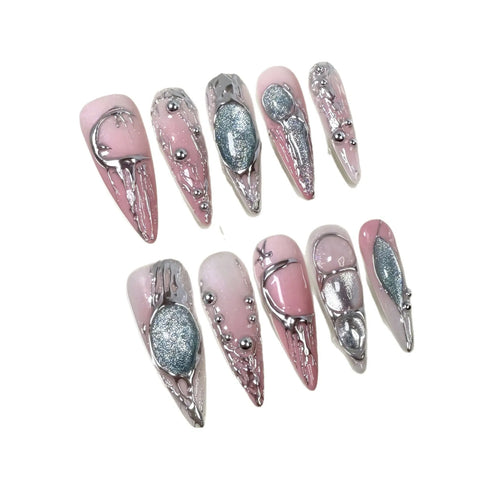 10pcs Long Ballet Press On Nails Gradient Pink Silver Baroque Metal Style Handmade False Nails Sweet Cool Almond Fake Nail Tips