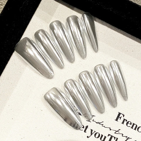 10pcs Handmade Silver Press On Nails Glossy Long Almond Fake Nail Patches Full Cover Ballerina Wearable False Nail Tips For Girl