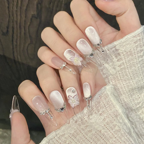 10pcs 3D Ice Transparent Flower Press On Nails Glitter Rhinestone False Nails Light Purple French Cat Eye Handmade Fake Nail