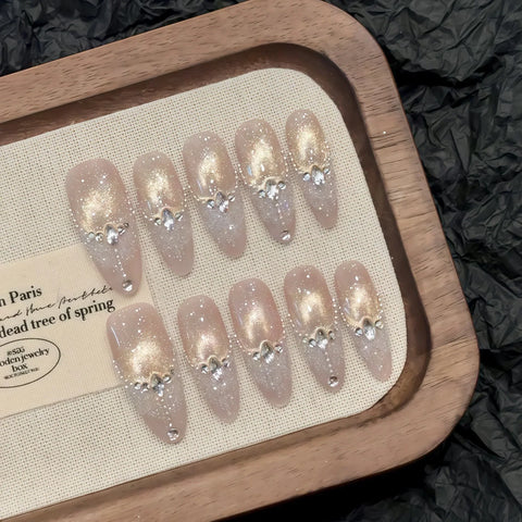 10pcs Handmade Press On Nails Full Shimmery Diamond French Style Light Luxury False Nails Brown Cat's Eye Almond Fake Nail Tips