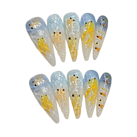 10pcs Long stiletto Press On Nails Gradient Blue Yellow Cat's Eye Handmade False Nails Hand Painted Goldfish Designs Fake Nail