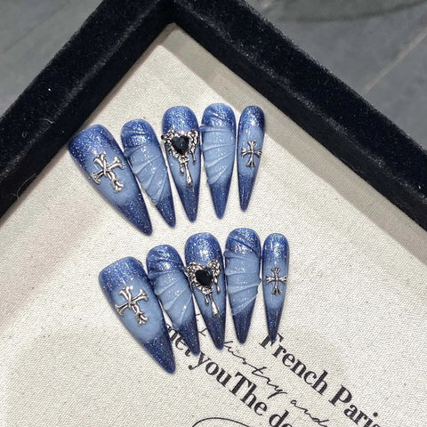 10pcs Flash Blue Press On Nails Handmade Long Stiletto False Nail Tips With Metal Heart 3D Water Ripple Designs Fake Nail Art