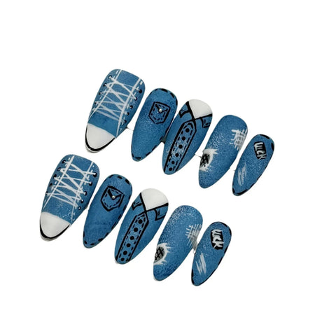 10pcs Handmade Blue Almond Fake Nail Tips Hand-painted Canvas Shoes Designs Press On Nails French Style Creative False Nails