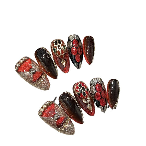 10pcs Handmade Press On Nails For Hot Girl Dark-red Almond Glitter Powder Design False Nails With Glossy Diamond Decor Fake Nail