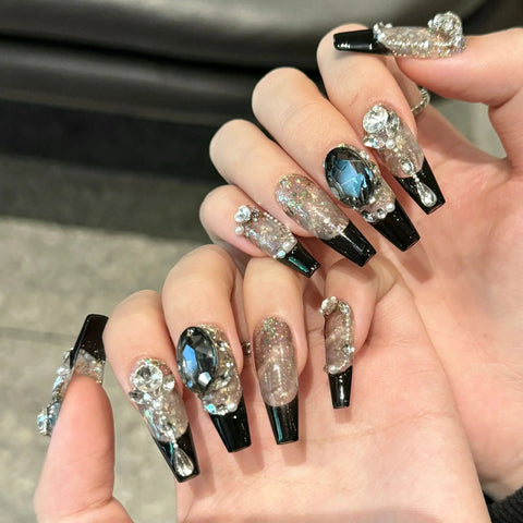 10pcs Black French Style Press On Nails Handmade Full Flash Rhinestone Decor False Nails Light Luxury Fake Nail For Hot Girls