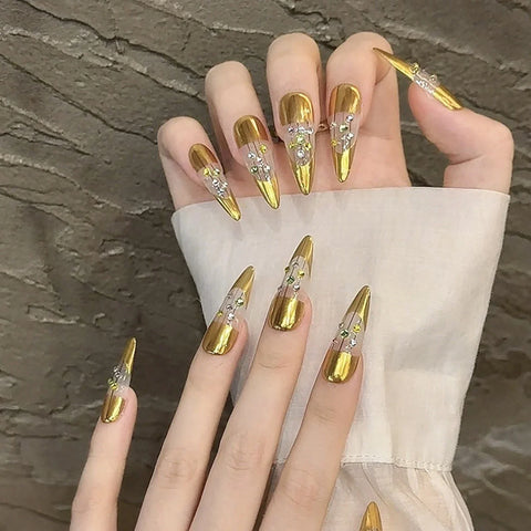10pcs Handmade Gold False Nails Light Luxuru Press On Nails With Flash Diamond Designs Detachable Long Almond Fake Nail Patches