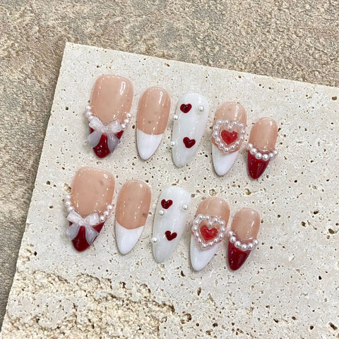 10pcs White French Handmade False Nails 3D Bowknots Designs Press On Nails Rose Pink Detachable Almond Fake Nail Patches