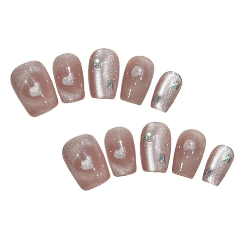 10pcs Handmade Press On Nails Glitter Pink Love Heart Cat's Eye Fake Nail Tips Full Cover Fashionable Fake Nails For Women Girls