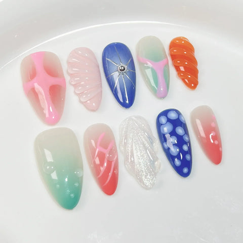 10pcs Aurora French Press On Nails 3D Seashells Pearl Y2k Star Designs Relif Fake Nails Gradient Orange Almond Handmade Manciure