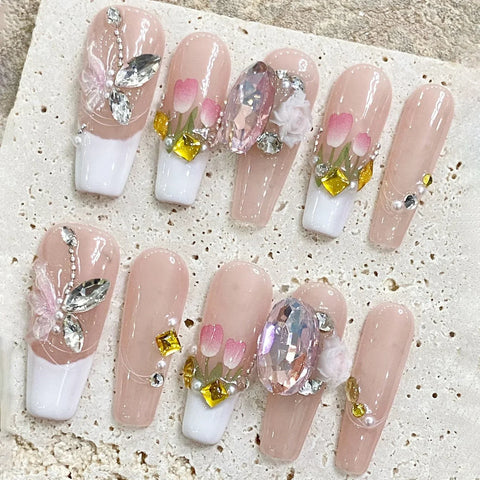 10pcs White French Handmade False Nails Gentle Pink Long Coffin Fake Nail Tips 3D Tulip Flower Glossy Diamond Press On Nails
