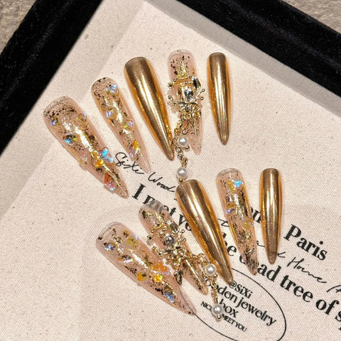 10pcs Full Shiny Diamond Handmade False Nails Light Luxury Long Pointed Press On Nails Full Cover Y2k Fake Nail New Year Gifts