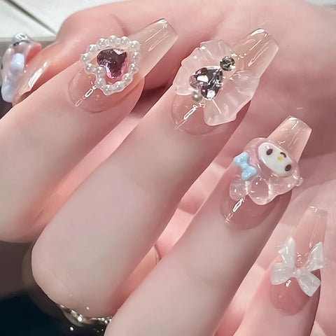 10pcs Handmade Press On Nails Lignt Pink Cute Cartoon Decor False Nail Patches 3D Bows Pearl Designs Korean Fake Nail Tips