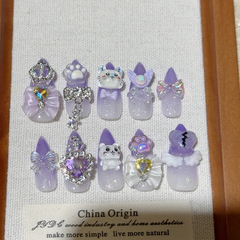 10pcs Handmade Press On Nails Four Color French Style Long-poined False Nails Metal Bows Diamond Cute Cartoon Decor Fake Nail