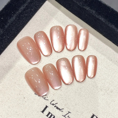 10pcs Handmade Press On Nails Glossy Nude Color Flash Cat's Eye False Nail Tips Full Cover Ballerina Wearable Fake Nail Patches