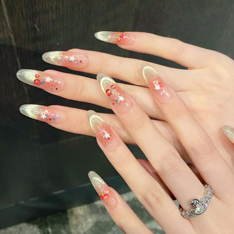 10pcs Sweet Cherry Press On Nails For Women Girls Shiny Smile Cat's Eye Y2k Star Handmade Fake Nails Gentle Blush False Nail