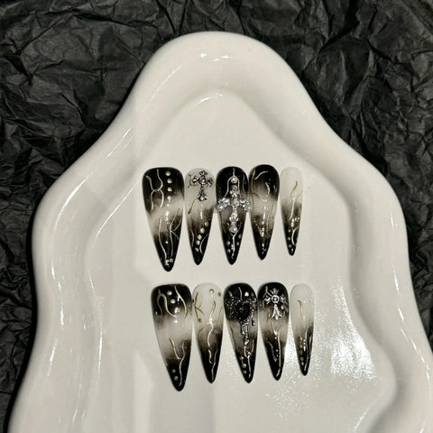 10pcs Y2k Long Stiletto False Nail Tips Gradient Black Metal Heart Cross Decor Handmade Press On Nails Sweet Cool DIY Manicure