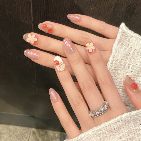 10pcs Sweet Short Oval Fake Nail Patches Hand-painted 3D Pink Strawberry Flower Press On Nails Spring Summer Fresh Handmade Nail
