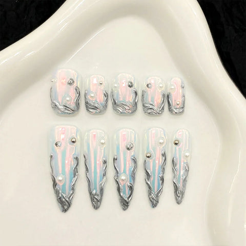 10pcs Handmade Press On Nails Aurora Short T & Long Stiletto Shape Fake Nail Set Silver Metal Designs Spicy Girl False Nail