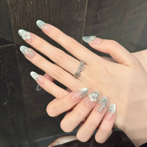 10pcs Hand-carved 3D Ice Flower Press On Nails Light Blue French Style Cat Eye Handmade False Nail Ins Charm Wearable Fake Nail