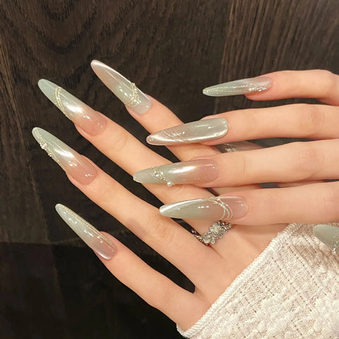 10pcs Green Grapefruit Color Press On Nails Handmade Ice Transparent Cat Eye Fake Nail Simple Light Luxury False Nail For Spring