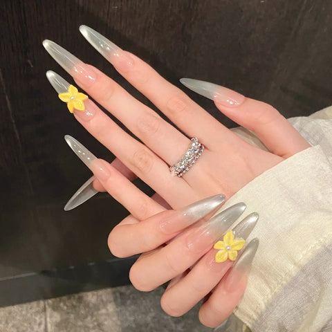 10pcs Handmade Yellow Plumeria Press On Nails Gradient Mint Green French Style False Nails Long Ballerina Wearable Summer Nail
