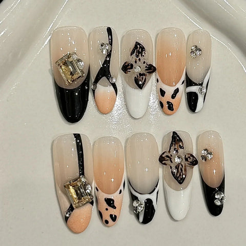 10pcs Creative Summer False Nails Handmade 3D Colorful Flower Insect Designs Press On Nails Y2k French Style Spring Fake Nail