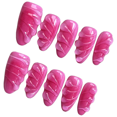10pcs Handmade Press On Nails Rose Pink 3D Water Drop Designs Fake Nail Patches Glossy Almond Reusable False Nails Salon Art