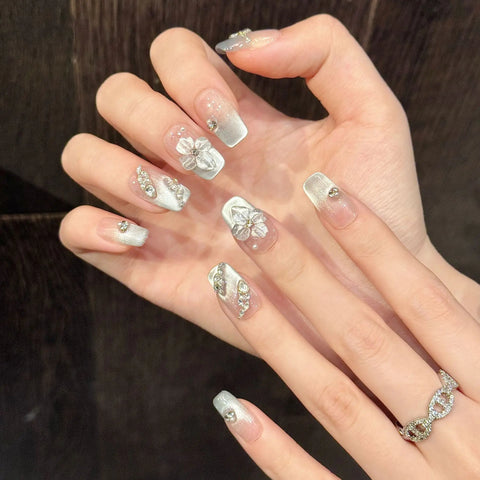 10pcs Hand-carved 3D Ice Flower Press On Nails Light Blue French Style Cat Eye Handmade False Nail Ins Charm Wearable Fake Nail