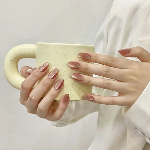 10pcs Handmade Press On Nails Glossy Nude Color Flash Cat's Eye False Nail Tips Full Cover Ballerina Wearable Fake Nail Patches