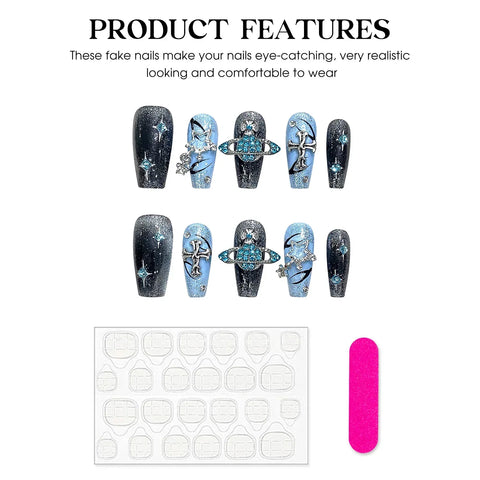 10pcs Y2k Style Press On Nails Handmade Flash Blue False Nail Patches With Glossy Diamond Cross Designs Detachable Fake Nails