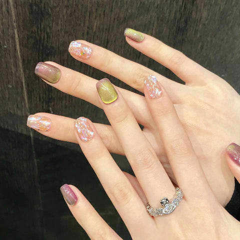 10pcs New Two Color Press On Nails Handmade Glossy Glass Beads Cat's Eye False Nails Shiny Sequins Designs DIY Fake Nail Tips