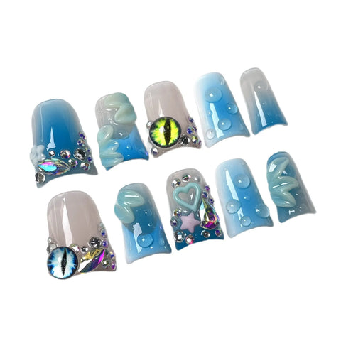10pcs Gradient Blue Summer Fake Nails Glossy Cat's Eye 3D Flower Shiny Diamond Press On Nail Blush Duckbill Handmade False Nail